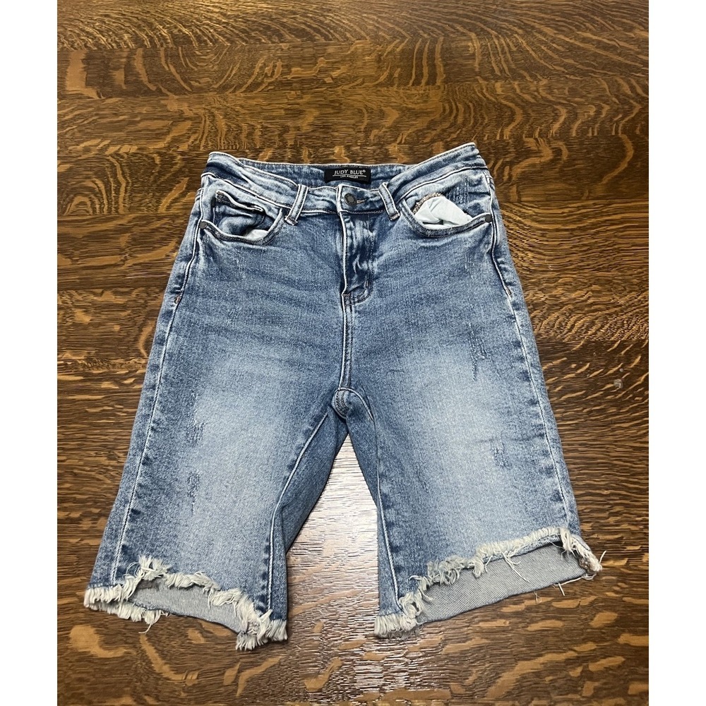 Judy Blue Bermuda‎ Shorts Womens M High Rise Cut Off Stretch Denim Blue